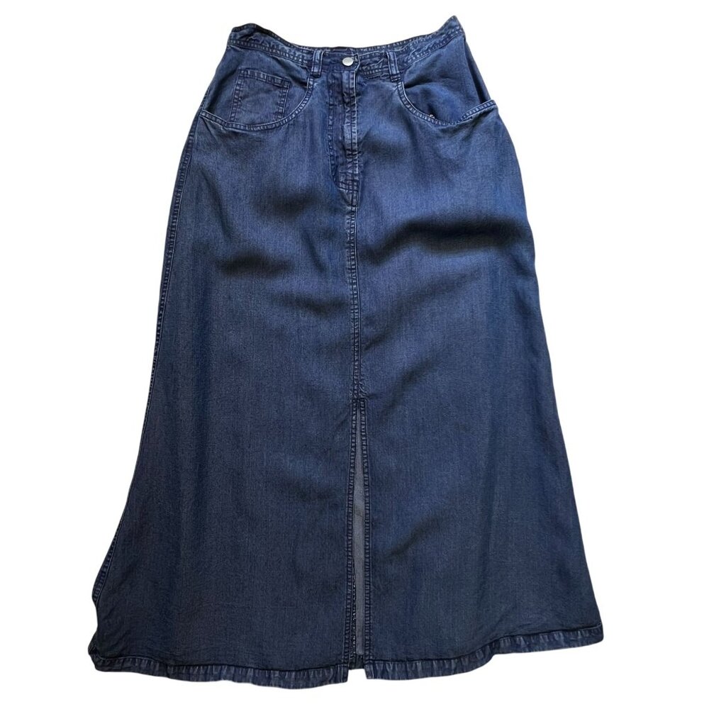 Vintage- Sophisticate Womens Denim Midi Mermaid Skirt Size 4P Blue Classic Retro
